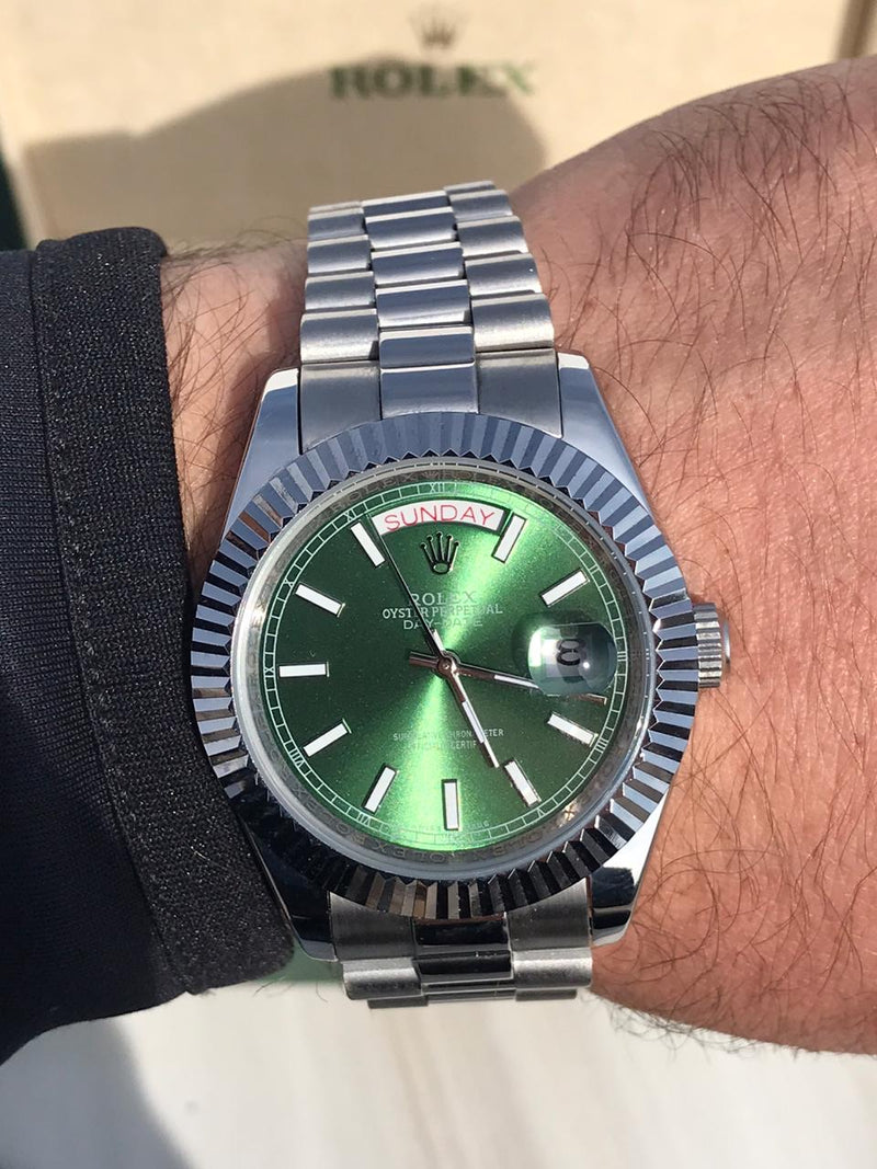 rolex day date silver green dial