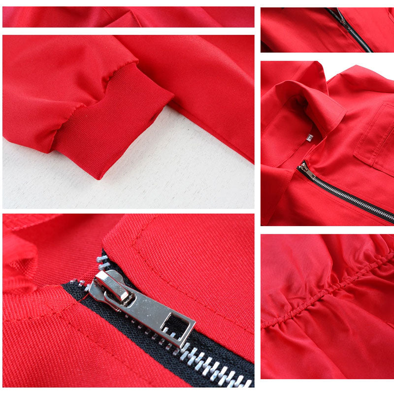 red jumpsuit with hoodie