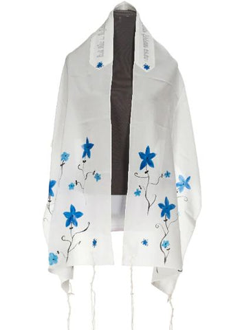 the beautiful White with Blue Flowers girls tallit for Bat Mitzvah ceremony from Galilee Silks