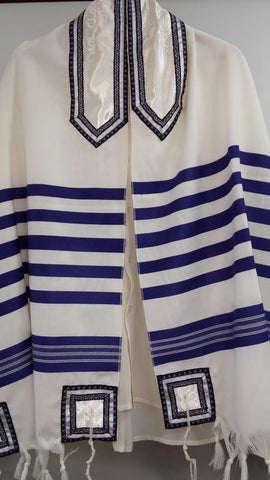 Classic blue and white wool Tallit for men- Galilee Silks