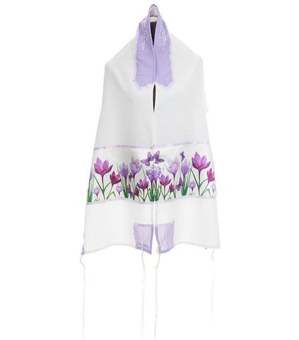 Lilac Crocuses Field Tallit for Women, Girl Tallit, Feminine Tallit, Bat Mitzvah Tallit Set- Galilee Silks