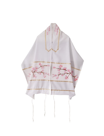 Cherry Blossom hand painted tallit for women available at an affordable price at Galilee Silks