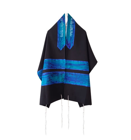 Turquoise and Blue Hand Painted Silk Stripes Black Tallit for Women- Galilee Silks