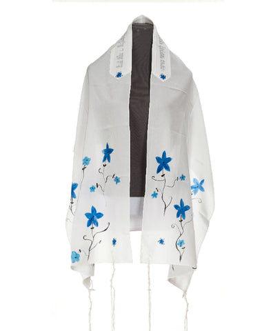 Buy the charming and attractive White with Blue flowers Silk Tallit for Women from Galilee Silks