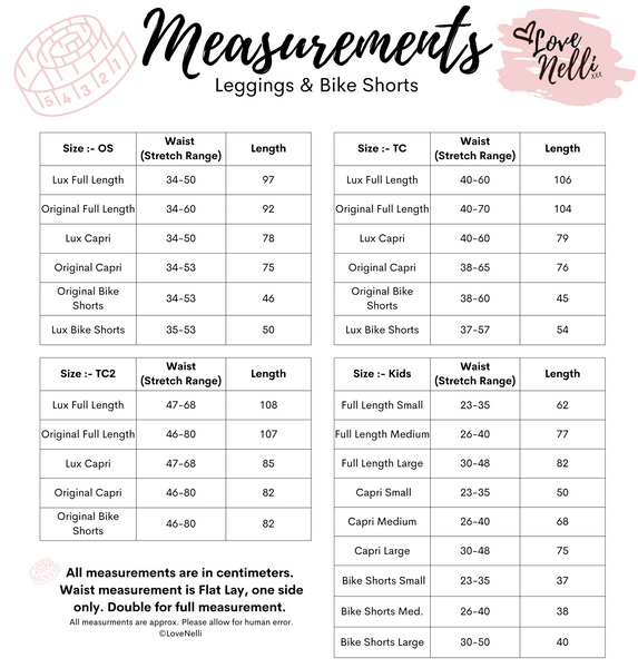 Leggings & Bike Shorts Sizing Chart – Love Nelli