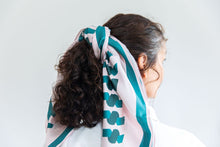 Load image into Gallery viewer, Peony print | pretty pink and Jade green geometric Silk Scarf