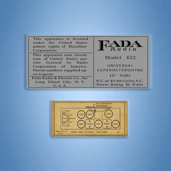FADA 652 'Temple' Catalin Radio Bottom Labels, Reproductions