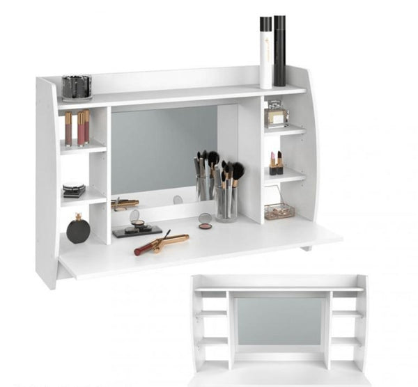 White Wall Hanging Dressing Table with Mirror and Shelves