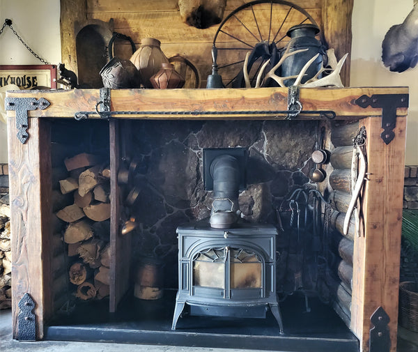 rustic fireplace mantel with iron strapping wood burning stove mantel