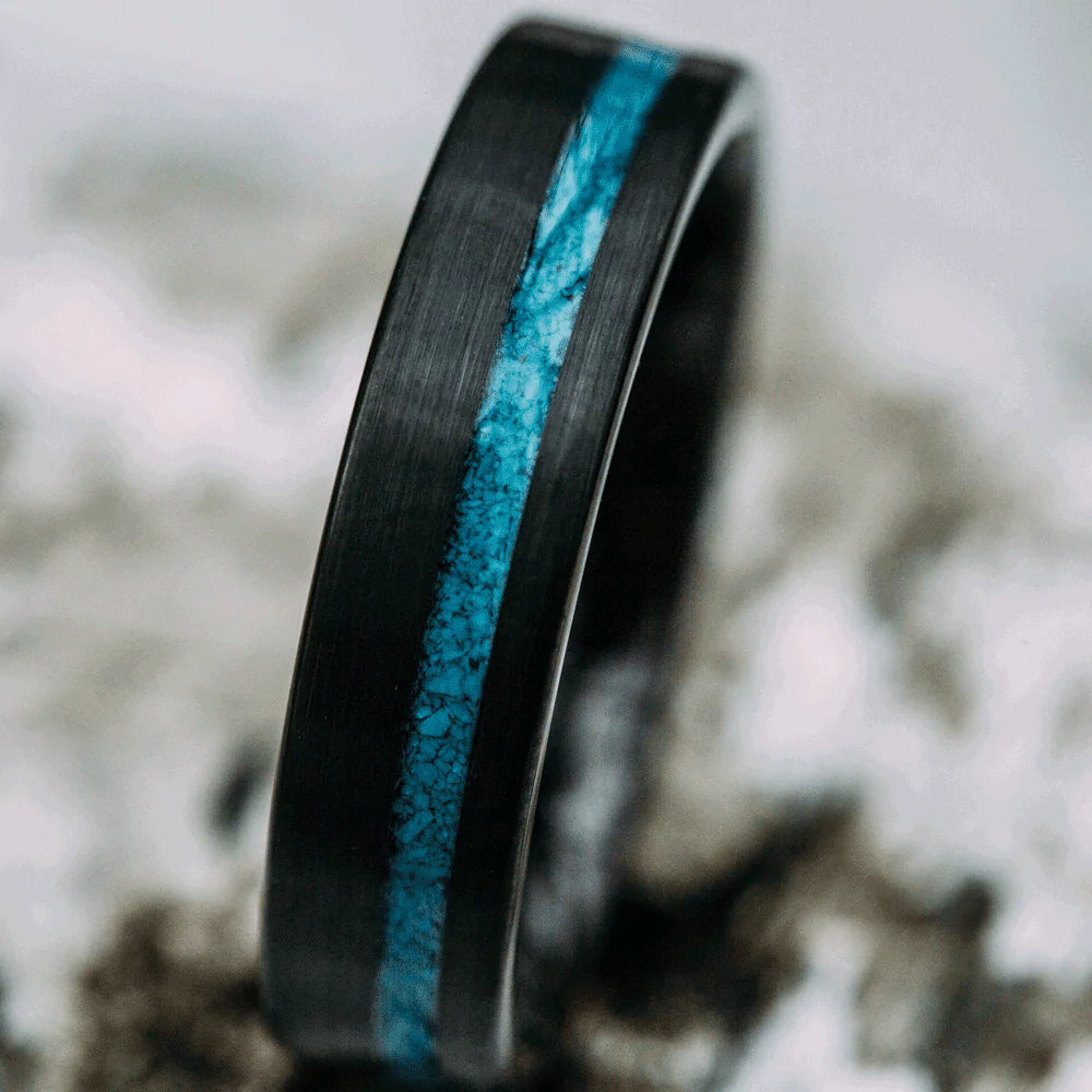 Black Tungsten Wedding Band With Flat Surface And Turquoise