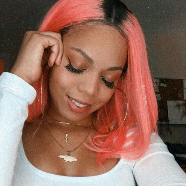 Human Hair Lace Front Pink Color With Dark Root Bob Wig