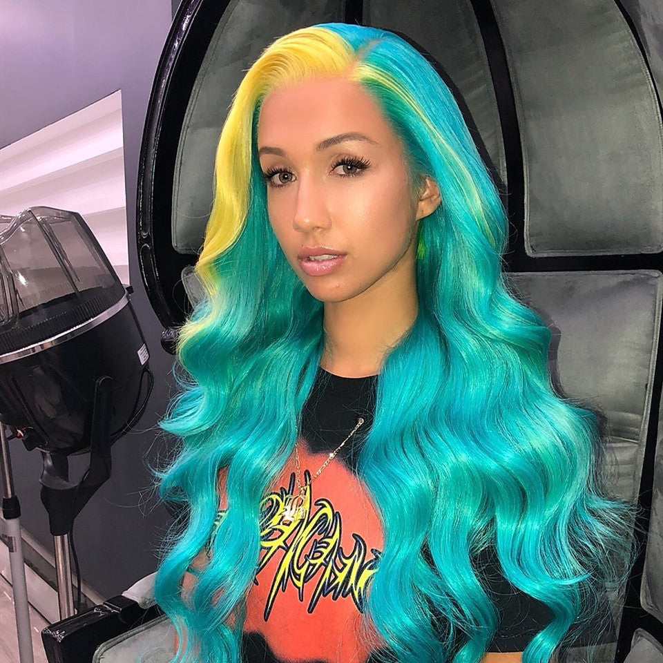 Peruvian Hair Lace Front Wig Lake Blue Color Yellow Highlight – Prosp Hair  Shop