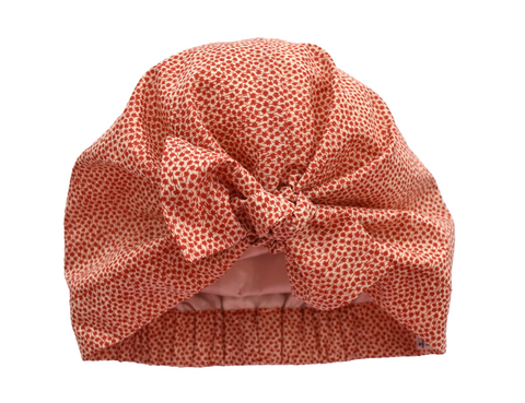 red turban with silk lining for sleep, chemo, hair loss
