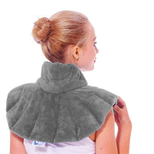 Woman wearing Grey Huggaroo Original Neck Wrap Microwavable Heating Pad Unscented