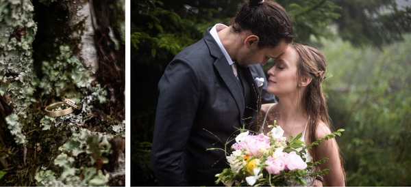 Ecofriendly wedding and sustainable recycled gold weddings rings in a forest