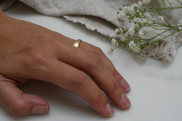 Ridge recycled gold band on hand