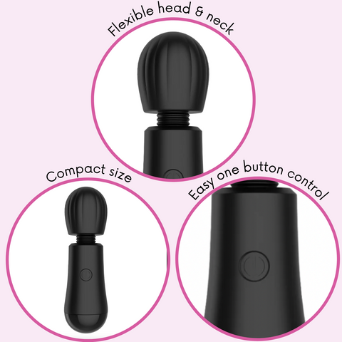 This vibrating wand massager has a flexible neck, compact size, and easy one button control