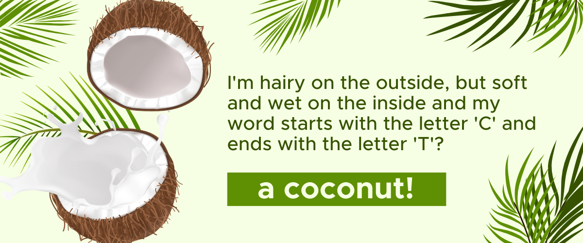 I'm hairy on the outside, but soft and wet on the inside and my word starts with the letter 'C' and ends with the letter 'T'? A COCONUT!