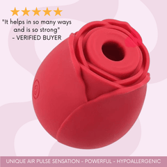 An image of the red rose air pulse vibrator from TooTimid.com on a pink background with a five star review