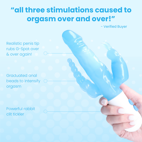 "all three stimulations caused to orgasm over and over!" Realistic tip rubs G-Spot, graduated anal beads intensify orgasm, powerful rabbit tickler