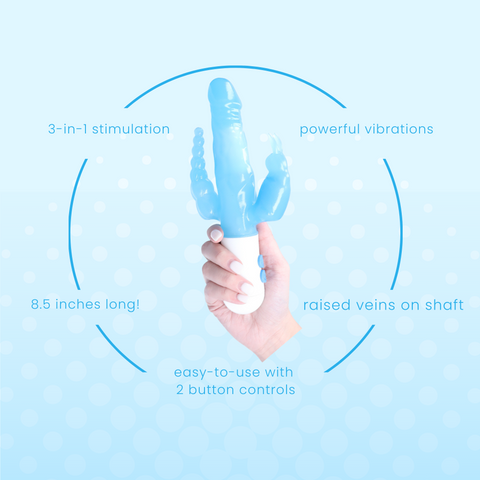 3-in-1, powerful vibes, 8.5 inches long, raised veins, easy-to-use