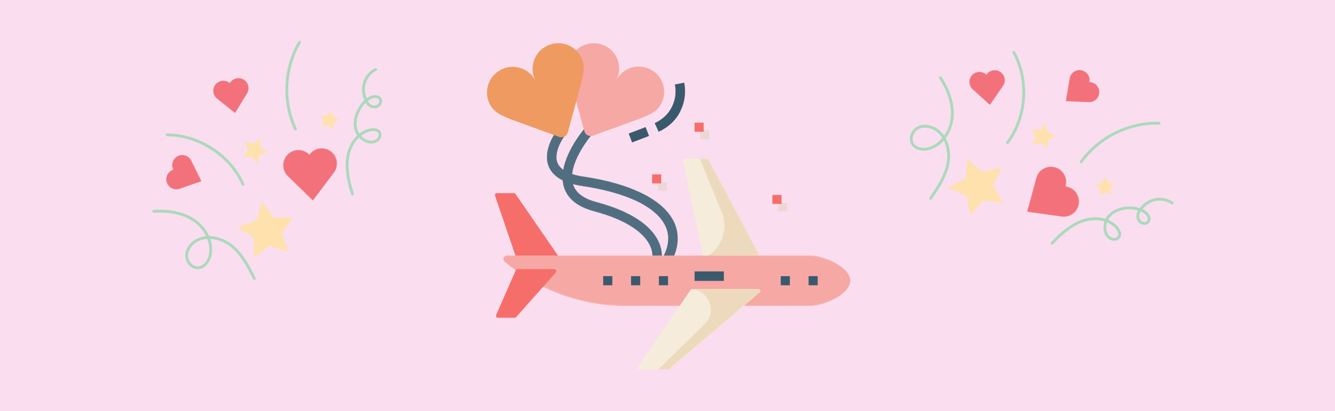 Image of a pink airplane with hearts to indicate a romantic vacation.
