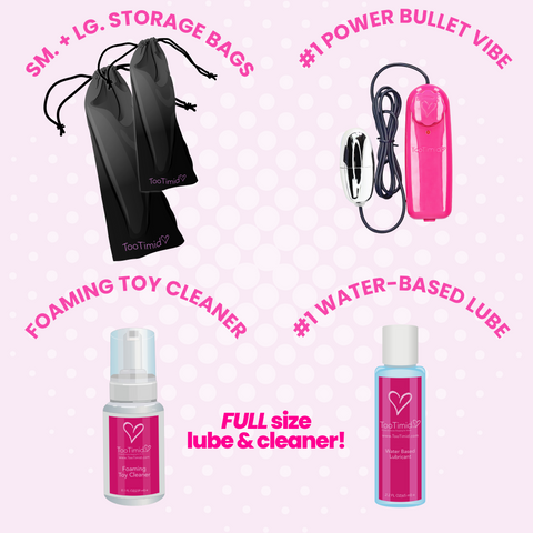 This essentials bundle includes 2 storage bags, a vibrating bullet, and water-based lubricant