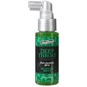 Bottle of green deep throat spray for numbing throat before oral sex