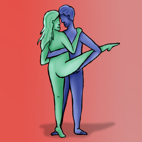 Illustration of couple in advanced ballerina sex position
