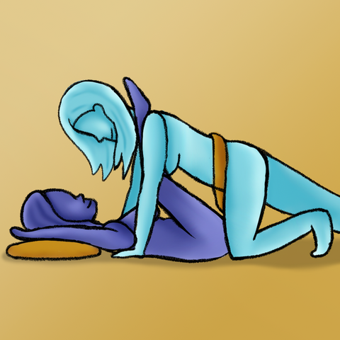 A cartoon illustration of two people in the missionary sexual position, with the bottom partner's legs raised and resting on their partner's shoulders. This illustration is property of TooTimid.com