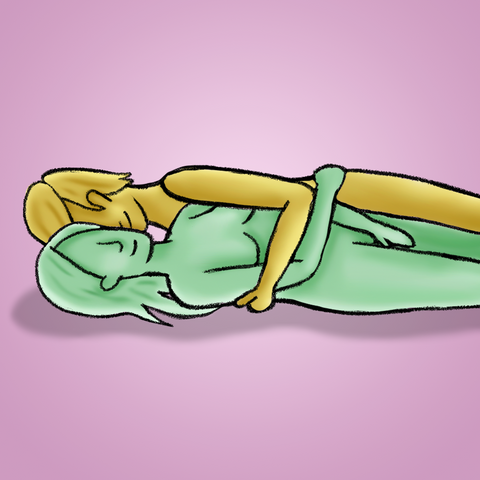 A cartoon illustration of two people having sex laying on their side in a spooning position. This illustration is property of TooTimid.com