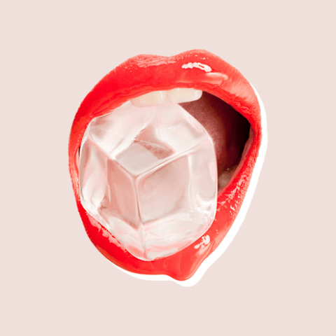 Image of ice in mouth with red lipstick