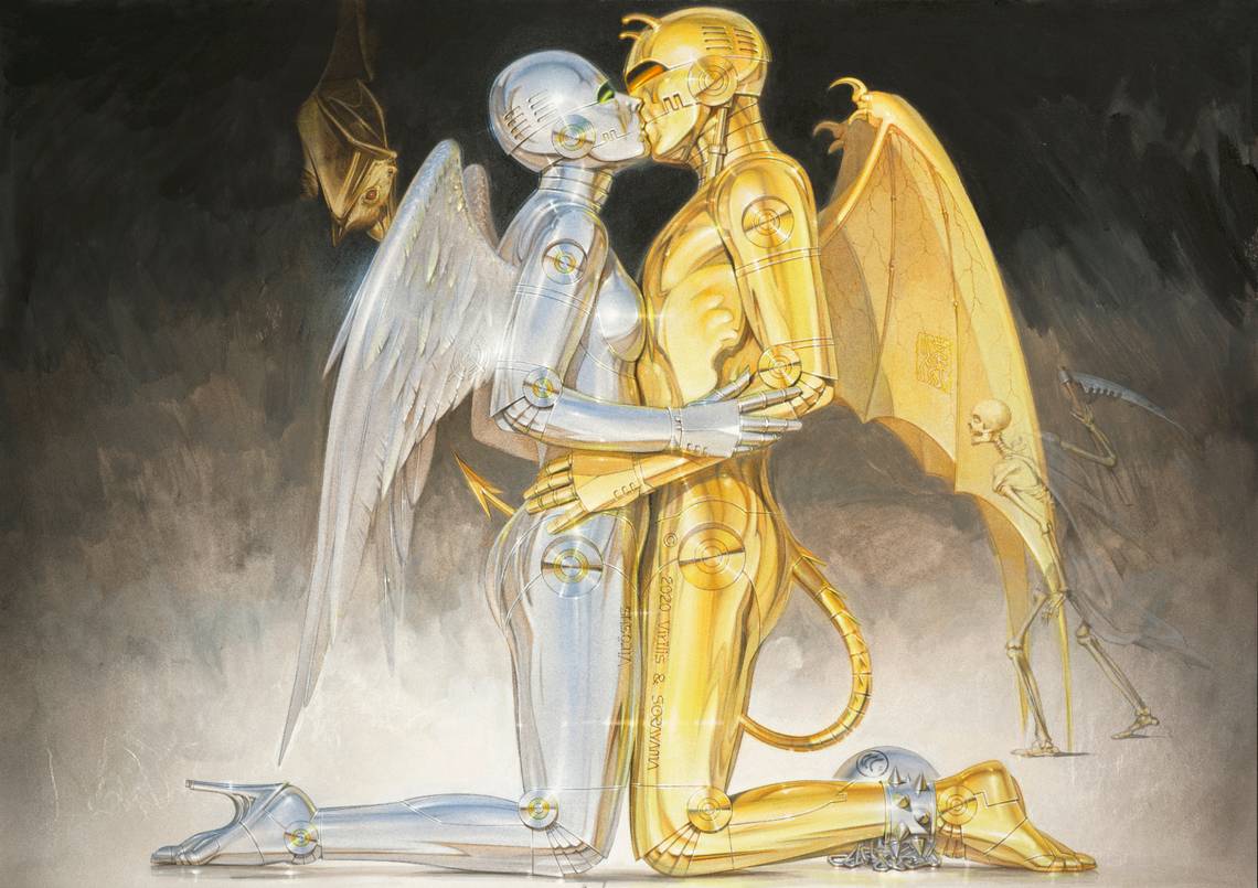 two metallic humans kissing on their knees. art piece by Hajime Sorayama