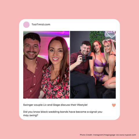 pink background with split image where left is a selfie of a couple and the right is a picture of the same couple with an additional woman. the text says swinger couple liv and gage discuss their lifestyle! did you know black wedding bands have become a signal you may swing?