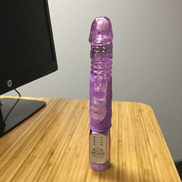 Jack Rabbit Vibrator Shown Standing Up On Desk To Show Size