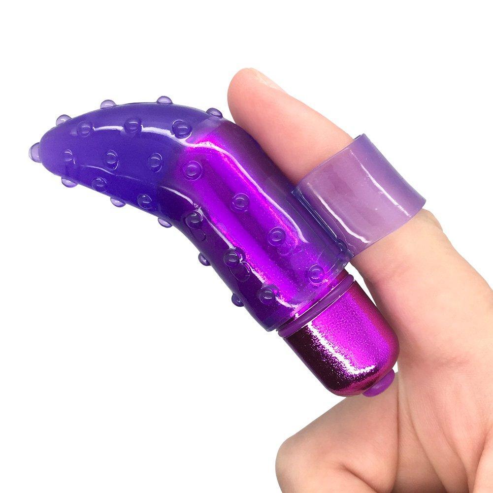 Photo of purple finger vibrator on a person's pointer finger