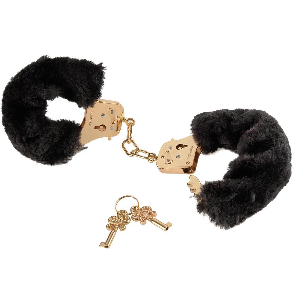 Image of black fluffy handcuffs with gold chain