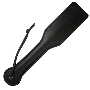 A rectangular leather spanking paddle.