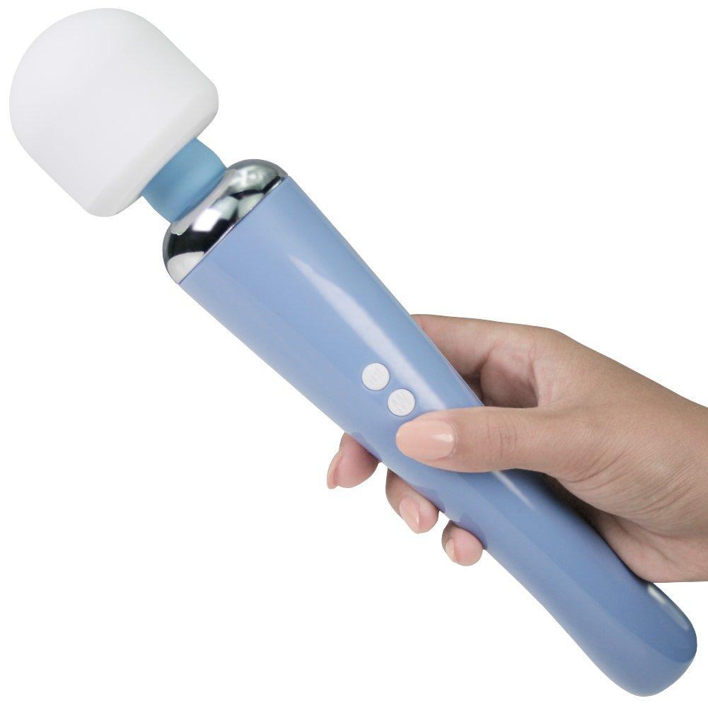 Image of hand holding large light blue wand massager