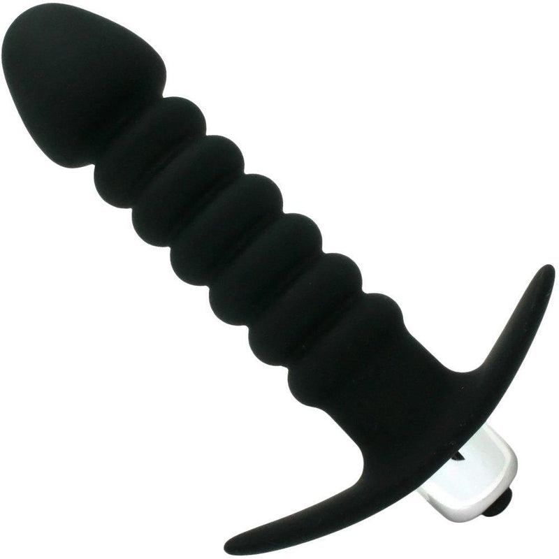 Black rippled silicone butt plug with powerful vibrations