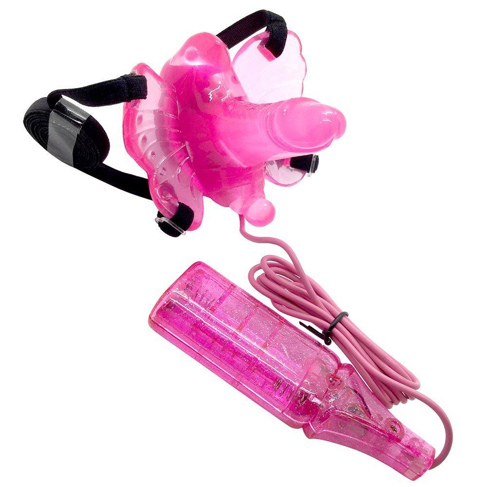 Image of pink butterfly hands free vibrator with small dildo attachment