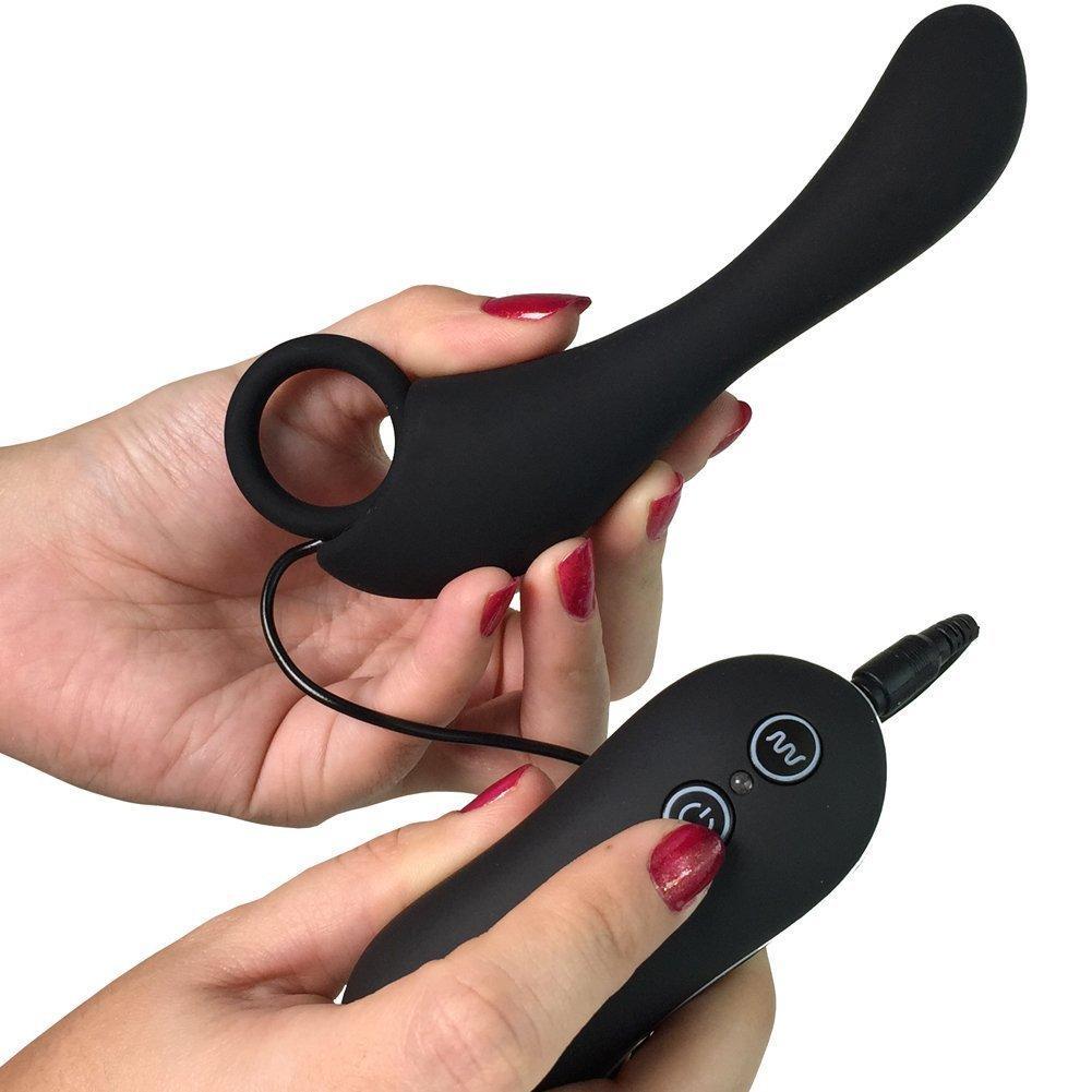 Image of hands holding black matte prostate massager and remote control