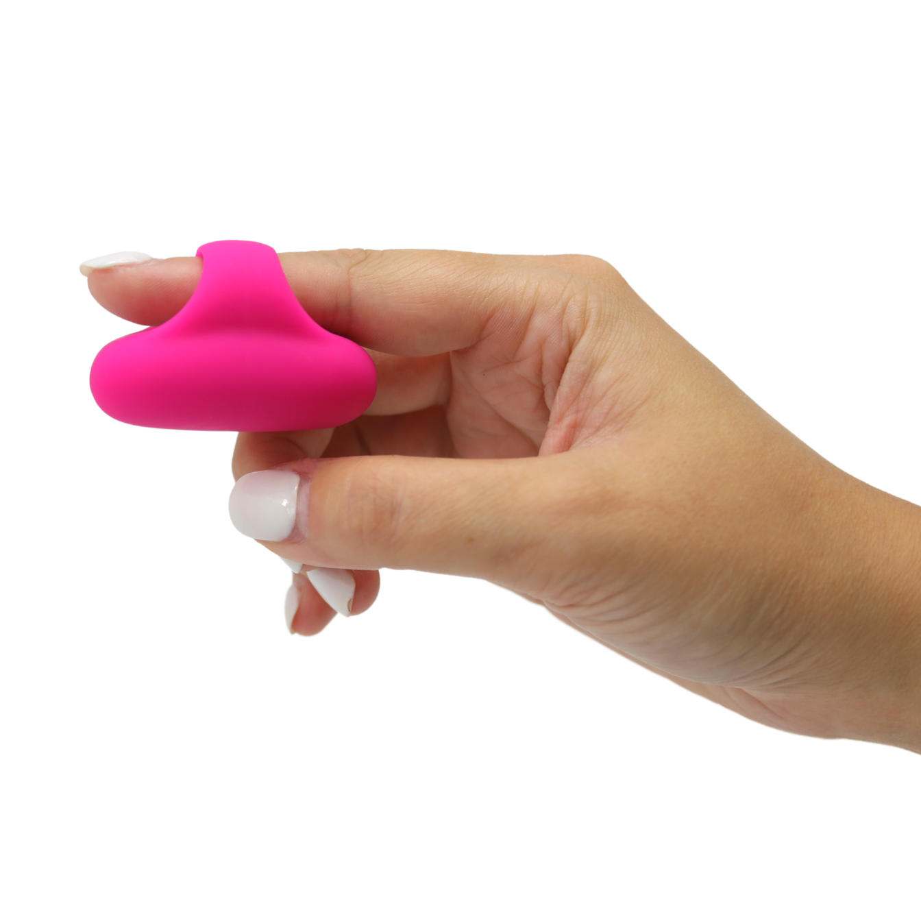Image of a hand model wearing hot pink finger vibrator