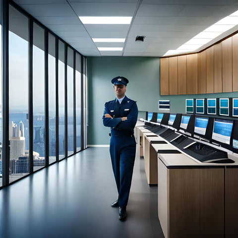 a Security officer standing in a control room next to computers