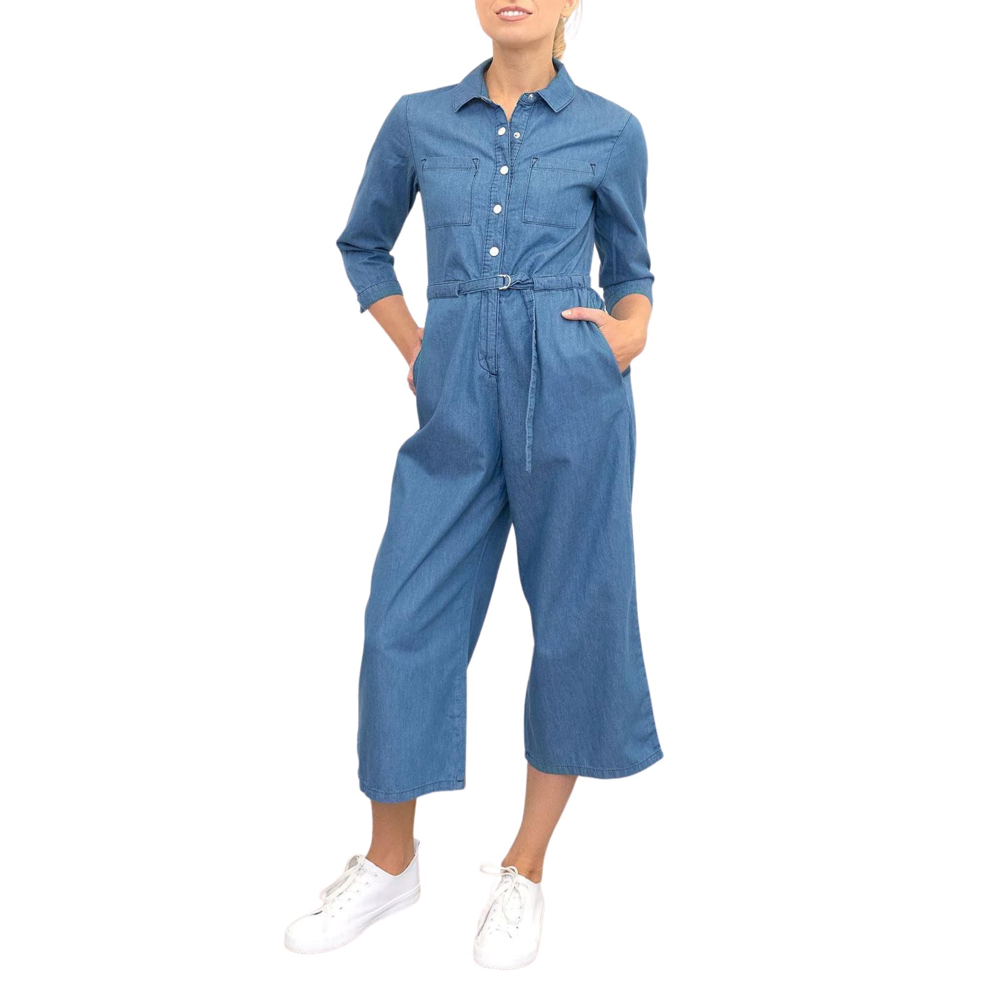 Phase Eight Jarah Jumpsuit Blue Soft Denim Lightweight Cropped Wide Leg