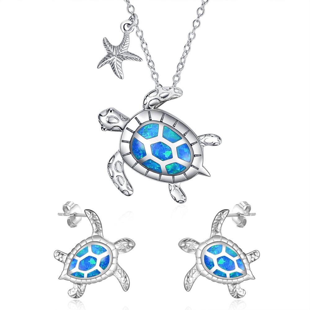 Sterling Silver Starfish Sea Turtle Pendant Necklaces Opal Ocean Jewelry Set