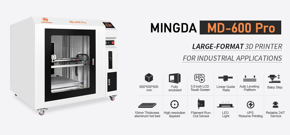 A sleek MINGDA MD-600 PRO 3D printer with a large build volume, perfect for commercial use.