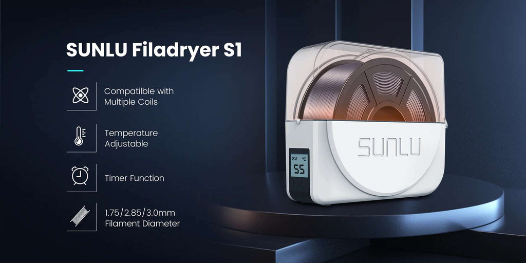 A side view of the compact and efficient SUNLU S1 Plus filament dryer box available in Perth.
