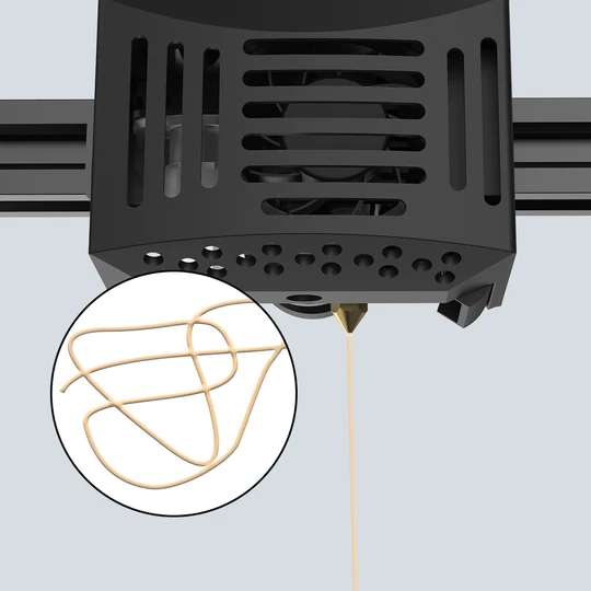 A close-up view of the nozzle on a 3D printer in Perth, extruding PLA wood filament to create a complex design.