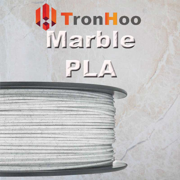 A 3D printer in action, using Tronhoo Marble PLA filament to create an intricate object.
